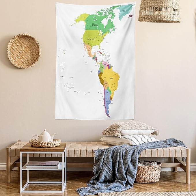 Ambesonne Map Tapestry Queen Size, Map of South and North America with Countries Capitals and Major Cities Colorful Design, Wall Hanging Bedspread Bed Cover Wall Decor, 88" X 88", Green White