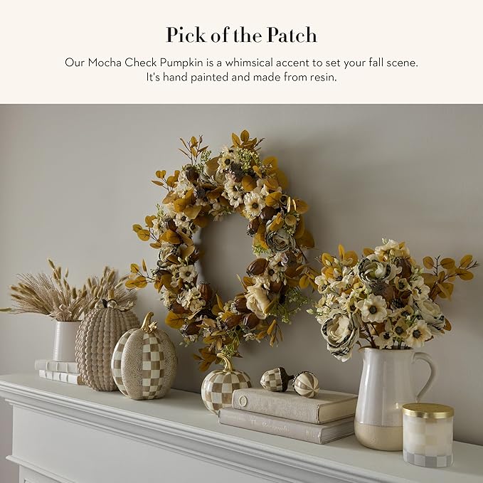 MACKENZIE-CHILDS Mini Pumpkin, Resin Halloween Home Decor, Brown-and-White Mocha Check