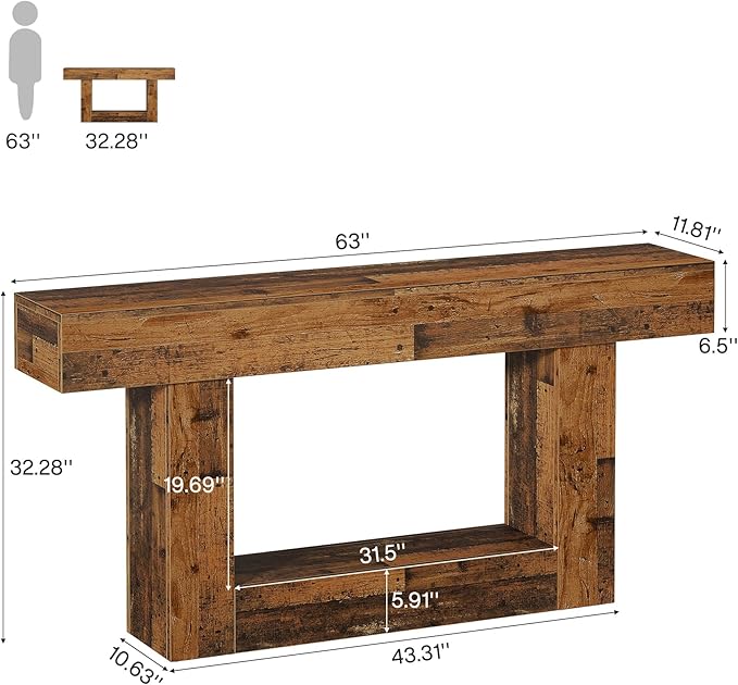 Tribesigns 63-Inch Long Console Table, 2-Tier Entryway Table Sofa Table with Storage, Farmhouse Wood Behind Couch Table for Living Room, Hallway, Rustic Mixed Brown