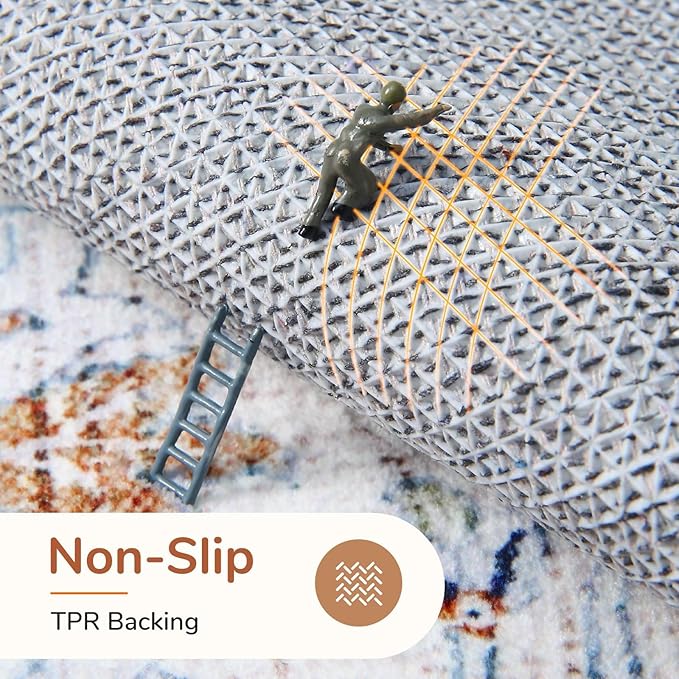 OPPODREAM Thin Neutral Area Rugs 3x5, Washable Rugs with Non Slip Backing, Low-Pile Throw 3x5 Carpet, Faux Cashmere 3 x 5 Carpet, Cream White & Blue & Light Brown