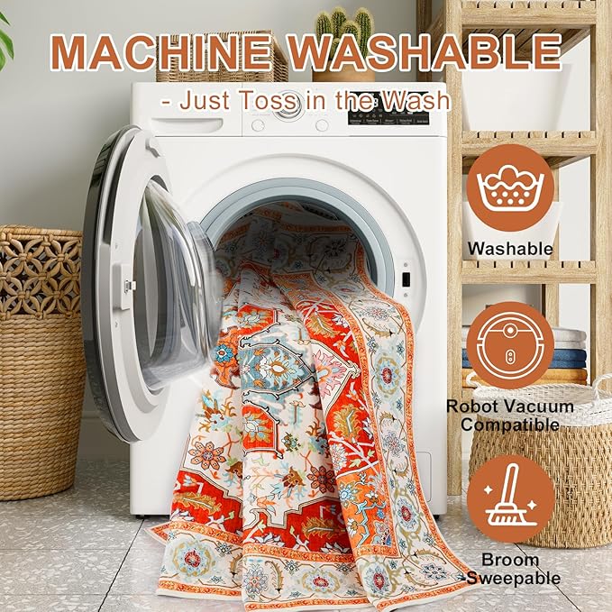 WILLSUN Washable Area Rugs, 6x9 Non-Slip Boho Large Area Rugs for Living Room, Bedroom, Machine Washable Vintage Rug, Indoor Floral Print Carpet for Home Decor, Kid & Pet Friendly Mat