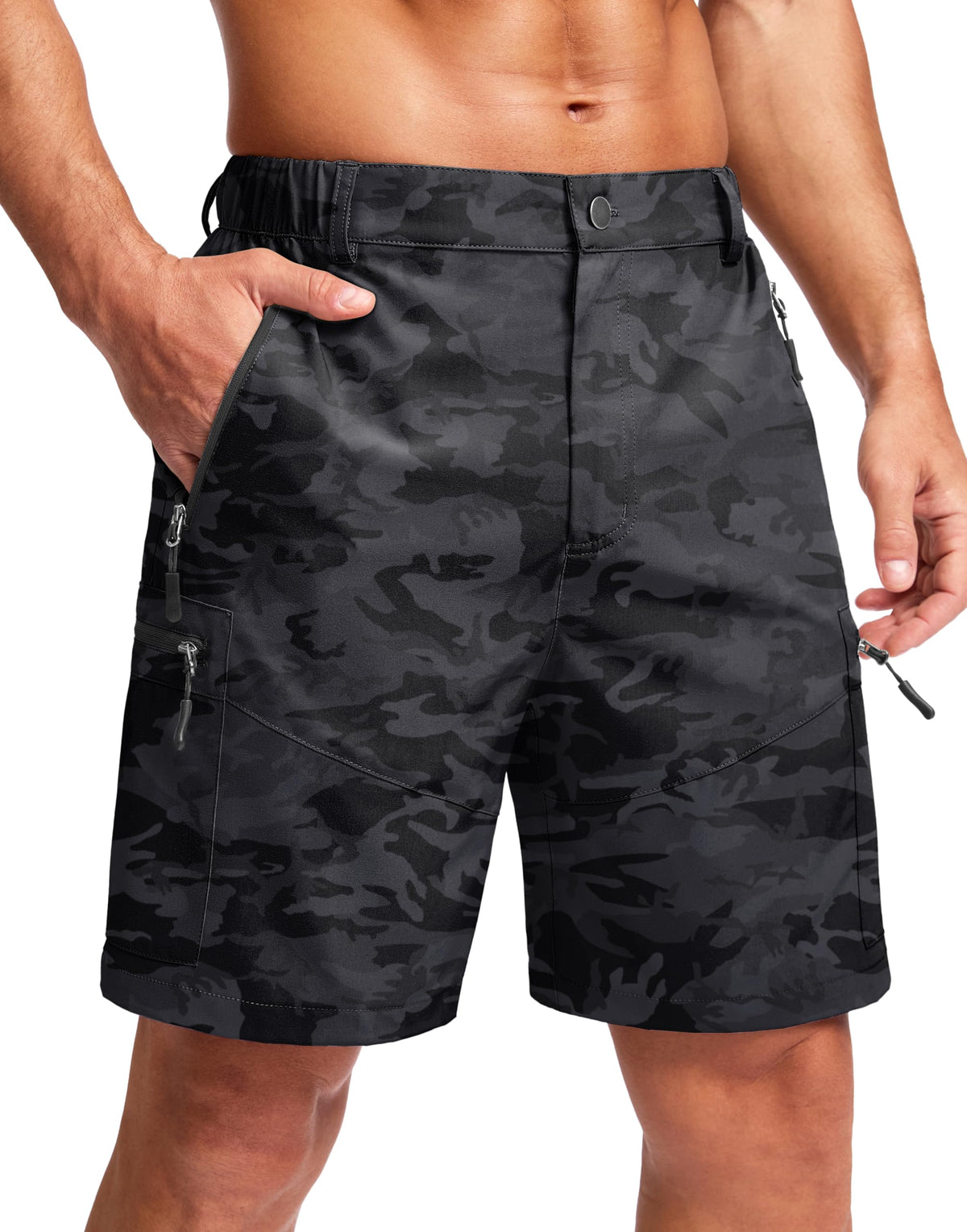 Pudolla Men's Hiking Cargo Shorts Lightweight 7" Travel Casual Shorts for Men Golf Work Outdoor with 5 Zipper Pockets(Black Camo Medium)