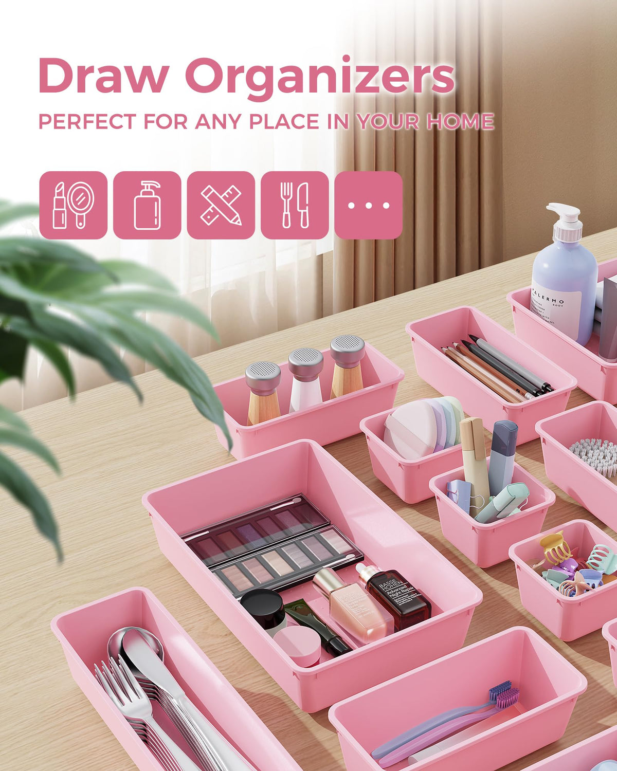 BiuLeon 25 PCS Plastic Drawer Organizers Set, 4-Sizes Vanity and Makeup Organizer, Desk and bathroom Drawer Organizer Trays, Organizers and Storage for Makeup, Jewelry, Gadgets, Utensils (Pink)