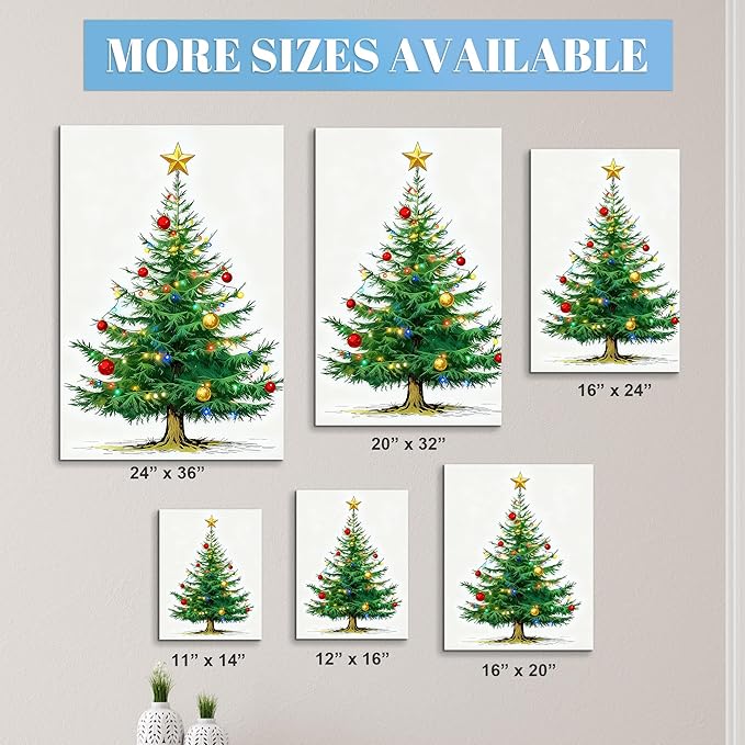Framed Christmas Pictures Wall Decor,Vintage Pine Tree Prints,Winter Christmas Canvas Wall Art Decoration for Bedroom Bathroom Living Room Rustic Xmas Holiday Gifts (Christmas Tree 7, 12'' X 16'')