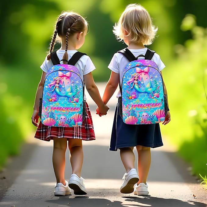 Custom Kids Backpack with Lunch Box Personalized Name Bookbag for Girls Back to School Mermaid Backpacks for Elementary Middle School Boys