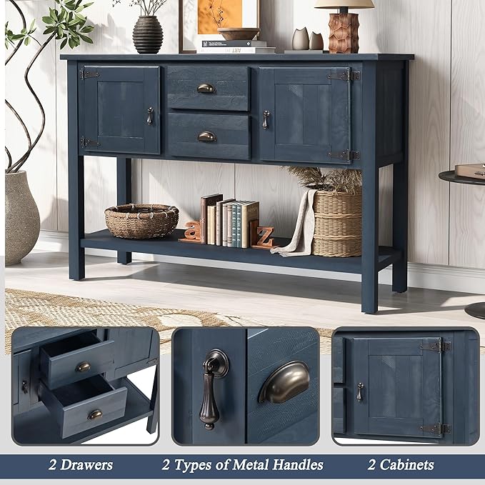 LKTART Solid Wood Farmhouse Console Table,Sofa Table with Storage Drawers and Shelves,Entryway Table for Entry Hallway Foyer,EasyAssembled (48" Navy Blue)