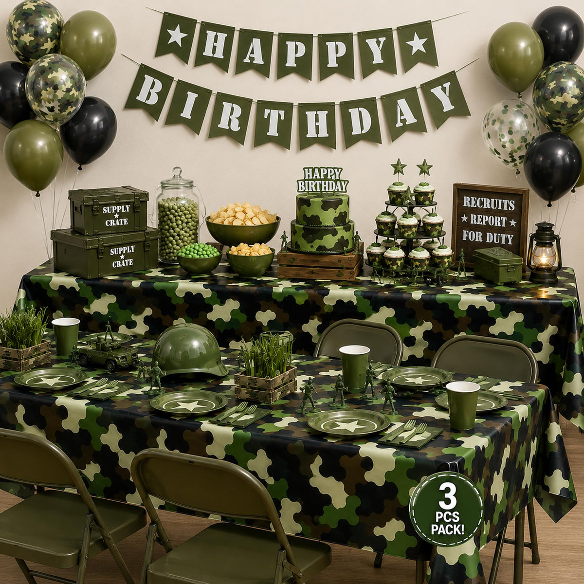 AnapoliZ Army Plastic Tablecloth | 3 Pcs Pack (54” Inch Wide x 102” Inch Long) | Rectangular Camouflage Table Cover | Military Party Table Decorations | Camo Party Plastic Table Cover