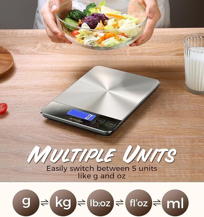 TRUDIN Food Kitchen Scale,NASA-Grade 33lb Digital Kitchen Scale, Precisely Measures Grams and Ounces for Baking and Cooking, Waterproof Tempered Glass (Bright Black)
