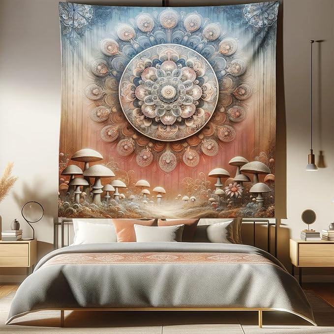 Ambesonne Hippie Tapestry Queen Size, Fantasy Vibes Mushroom Jungle with Oriental Vibes Mandal Print Peacock, Wall Hanging Bedspread Bed Cover Wall Decor, 88" X 88", Pale Ruby Blue Grey Ecru