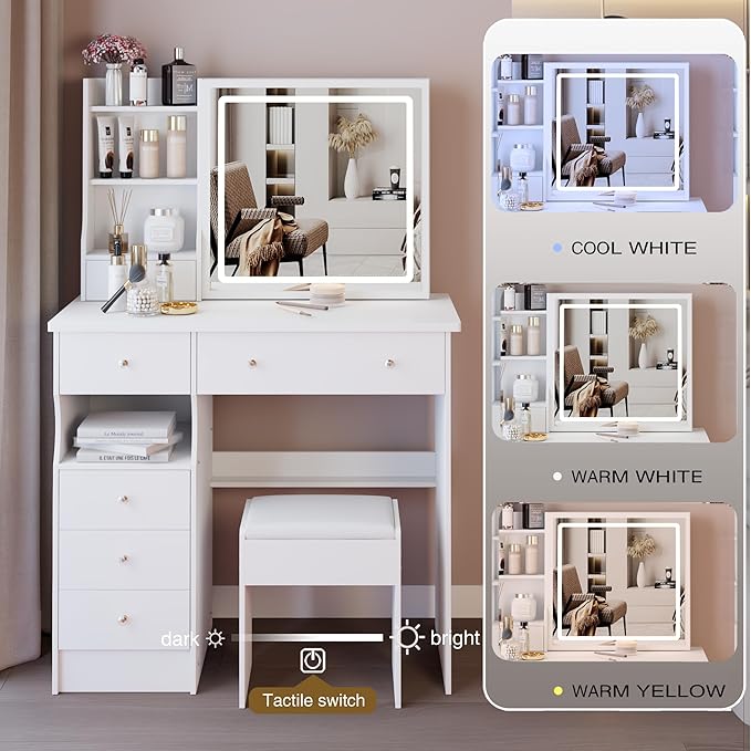 37" Vanity Desk with Mirror and Lights, Makeup Table with Led Lights and Sliding Mirror, 3 Lighting Colors, Vanity Set with 6 Drawers and Stool for Bedroom, White