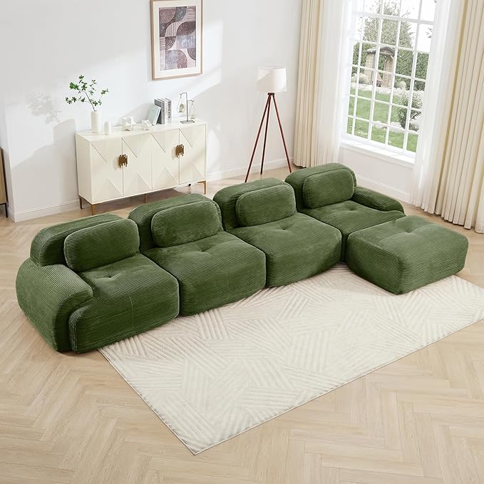 152" Modern Compressed Boneless Couch with Ottoman, 4 Seater Large L Shaped Sectional Couches for Living Room, Green Corduroy Cloud Modular Sectional Sofa, Memory Foam, Extra Deep, No Assembly