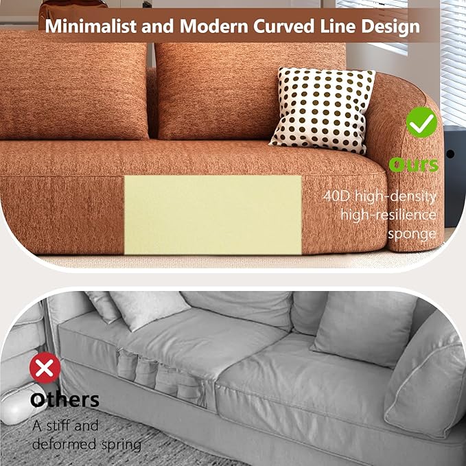138.6" Modular Sectional Couches Luxury Modern Curved Back Sofa,Minimalist Comfy L-Shape Boneless Cloud Couch for Living Room Apartment,(Left Facing Chaise,Orange)