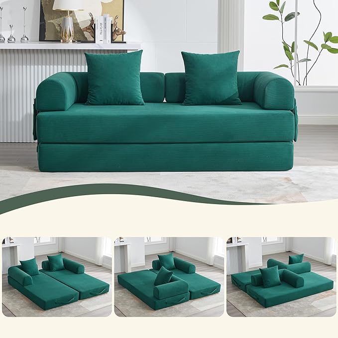 Convertible Sleeper Sofa Bed, Folding Floor Sofa Bed with Fixed-Shape Frame, Corduroy Floor Sleeper Sofa with Storage Pocket, Futon Boneless Sofa Couch for Living Room, Emerald Green