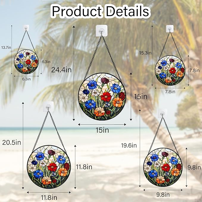 Stained Glass Suncatcher, Colorful Flowers Green Leaf Sun Catcher Landscape Stain Glass Window Hanging Decoration Mother's Day Birthday Gifts for Women Men Mom Nana 9.8 in