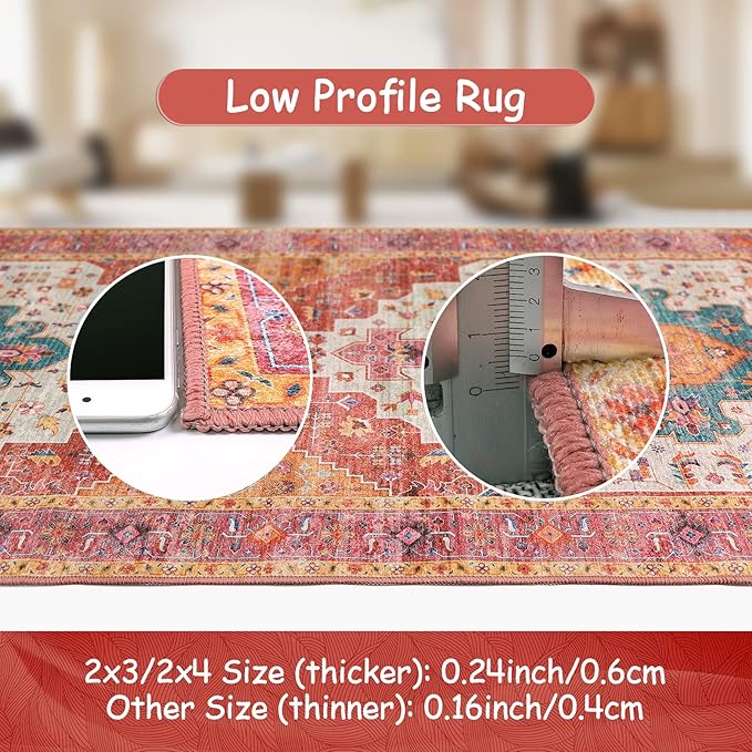 Moynesa Ultra-Thin Washable Pink Area Rug - 2x3 Small Pink Washable Bedroom Rug Entry Mat, Vintage Non-Slip Non-Shedding Low Pile Indoor Throw Carpet for Laundry Living Room Hardwood Floors Kitchen