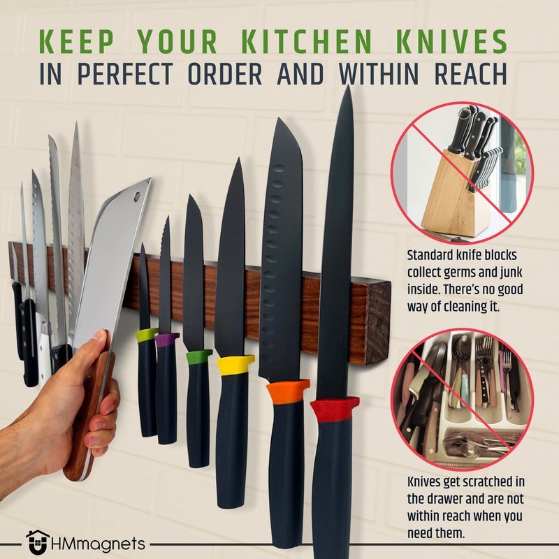 Premium 24 Inch (Large Size) Dark Walnut Wood Magnetic Knife Holder – Professional Wooden Magnetic Knife Strip - Space-Saving Knife Rack/Knife Bar With Powerful Magnetic Pull Force (Upgraded Version)