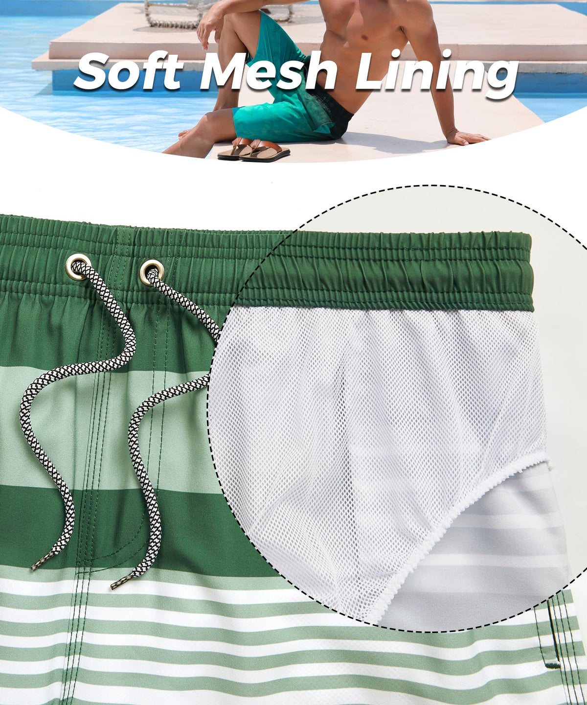 ELETOP Men's Swim Trunks Quick Dry Bathing Suit Swimming Board Shorts Mesh Lining Beach Swimwear Stripe Green White M