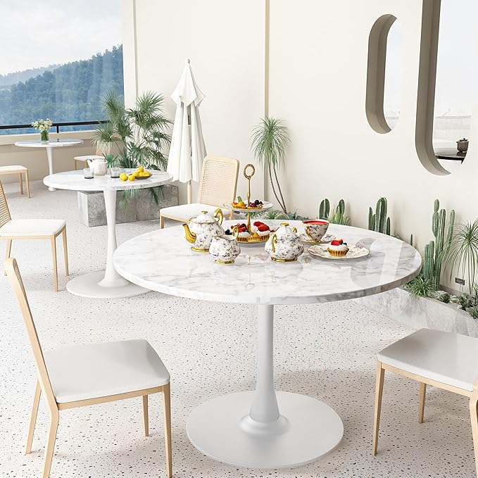DKLGG White Marble Round Dining Table, 39.1" Tulip Kitchen Dining Table for 4-5 People with MDF Table Top & Pedestal Base, Mid-Century End Living Room Table