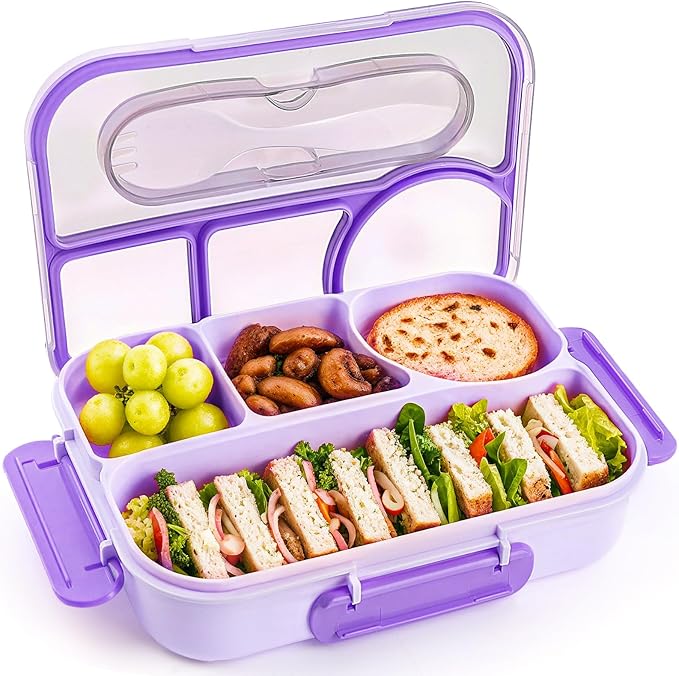 EASYFUN Bento Box Adult, Lunch Box, 4-Compartment Lunch Containers, Drop-Proof, Dishwasher Safe & Made with BPA-Free Materials (Purple)