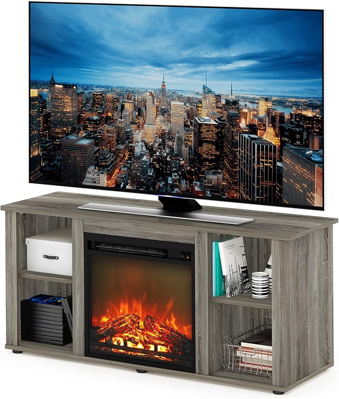 Furinno Jensen Fireplace Entertainment Center TV Stand with Open Storage for TV up to 55 Inch, French Oak Grey