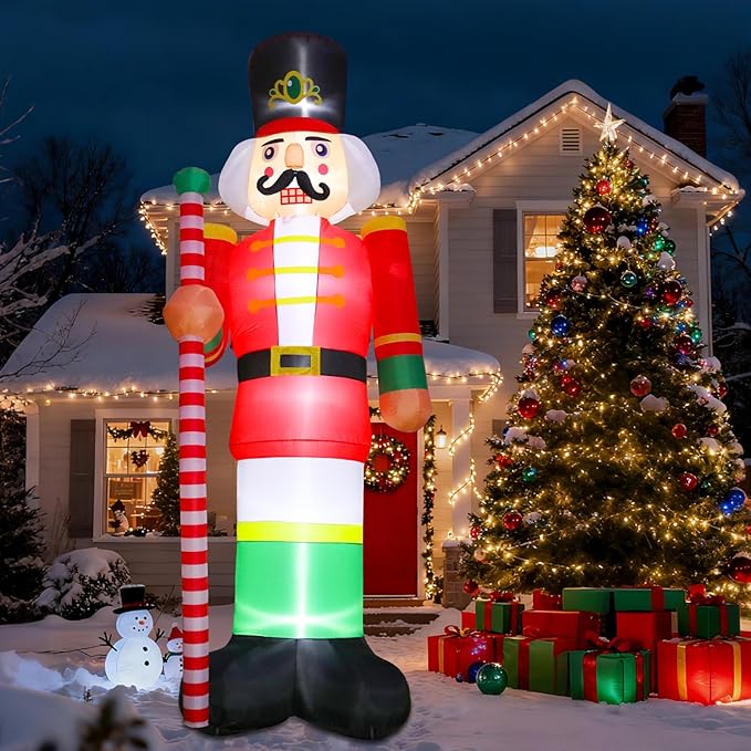 Bshine Giant Christmas Inflatable Outdoor Decorations, 12FT Nutcracker Soldier Christmas Blower Up with Lighted Holiday Large Yard Inflatables Decorations for Xmas Home Garden Lawn Decorations