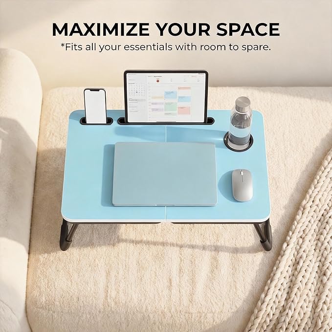 BUYIFY Foldable Laptop Bed Desk for Couch, Sofa - Large Lap Desk Tray Table with Cup Holder and Tablet Slot - Portable Notebook Stand for Eating, Writing, Studying and WFH (Blue)
