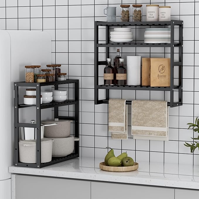 PPN Towel Rack Bathroom Storage Shelves Over The Toilet with Towel Bar 100% Bamboo Adjustable Height Floating Shelf Wall Shower Shelf for Small Space Bathroom Kitchen Multi Usage (Black-1Pack)