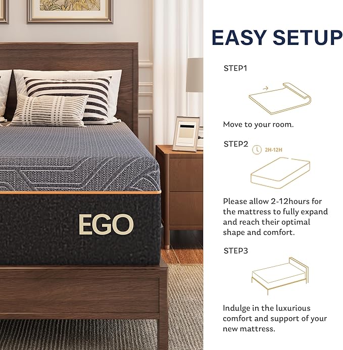 EGOHOME 14 Inch Queen Mattress, Copper Gel Memory Foam Mattress for Pain Relief, Therapeutic Mattress in a Box, CertiPUR-US Certified, Fiberglass Free Medium Mattress, Black