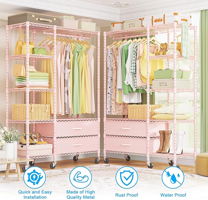 Ulif F3R Heavy Duty Clothes Rack（With Lockable Wheels）Freestanding Clothing Racks for Hanging Clothes，Adjustable Closet Organizer System，Portable Garment Rack 40"W x 15"D x 74"H，Max Load 700LBS，Pink