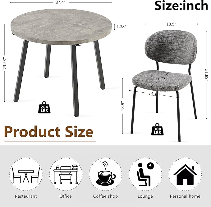 3-Pieces Kitchen Dining Table Set for 2, Grey Round Table MDF with 4 Metal Hooks for Hanging, Modern Dining Table Set with 2 Seated Grey Boucle Dining Chairs for Living Room, Apartment