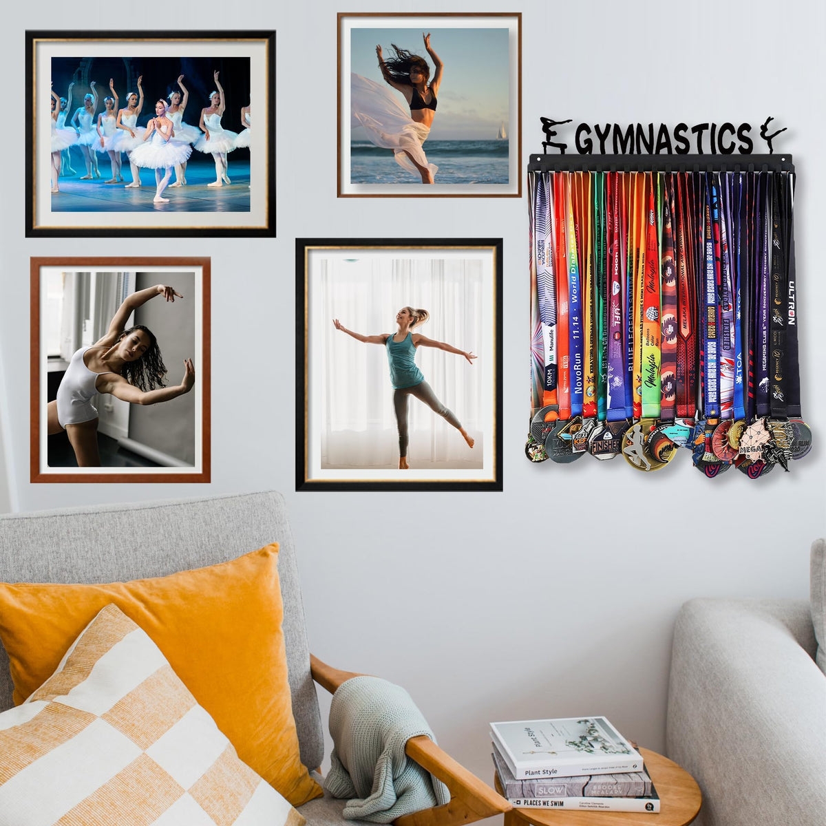 Goutoports Medal Wall Hanger Display - Gymnastics Girls - Award Plaques Rack for Sports - Black Steel Metal Holder With 20 Hooks Hold Up 60 Medals Easy to Install