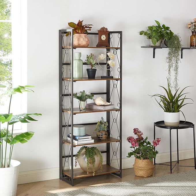 VECELO Folding Bookshelf, 5-Tier Bookcase Easy Assembly, Industrial Tall Book Shelf Storage Organizer for Living Room/Home Office,Antique Brown,1 Set