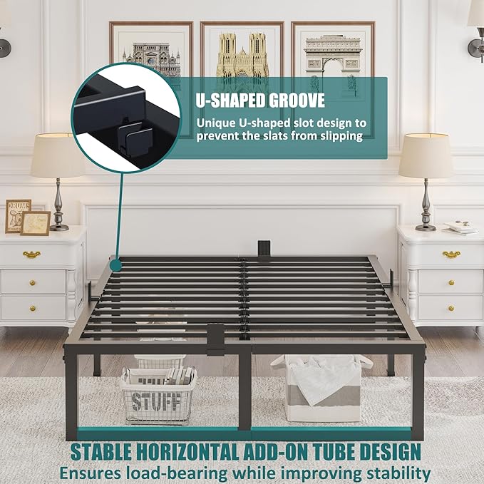16 inch King Bed Frame,3500 lbs Heavy Duty Metal Platform,Steel Slats Support/No Box Spring Needed/Noise Free/Non-Slip/Easy Assembly