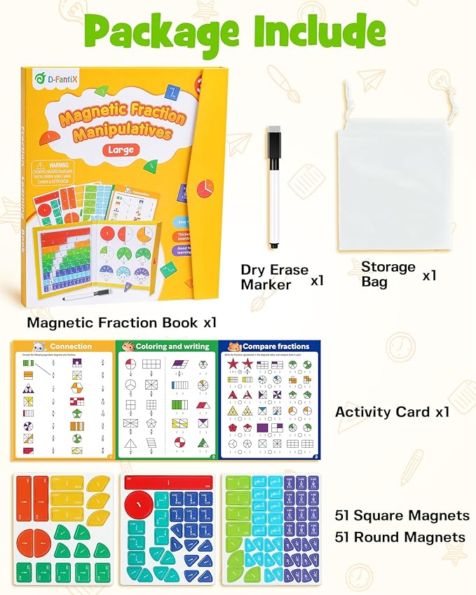 D-FantiX Large Magnetic Fraction Demonstration Book, Magnetic Fraction Tiles & Fraction Circles Set with Dry Erase Activity Card, Montessori Fraction Manipulatives Learning Toys for Kids