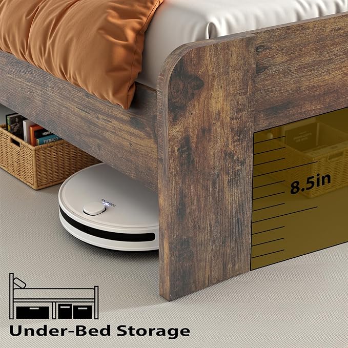 King Bed Frame with Headboard, Wooden Platform Bed Frame King Size with Bookcase Shelf, LED Lights, Charging Station, Heavy Duty Supports, No Box Spring Needed,Dark Brown