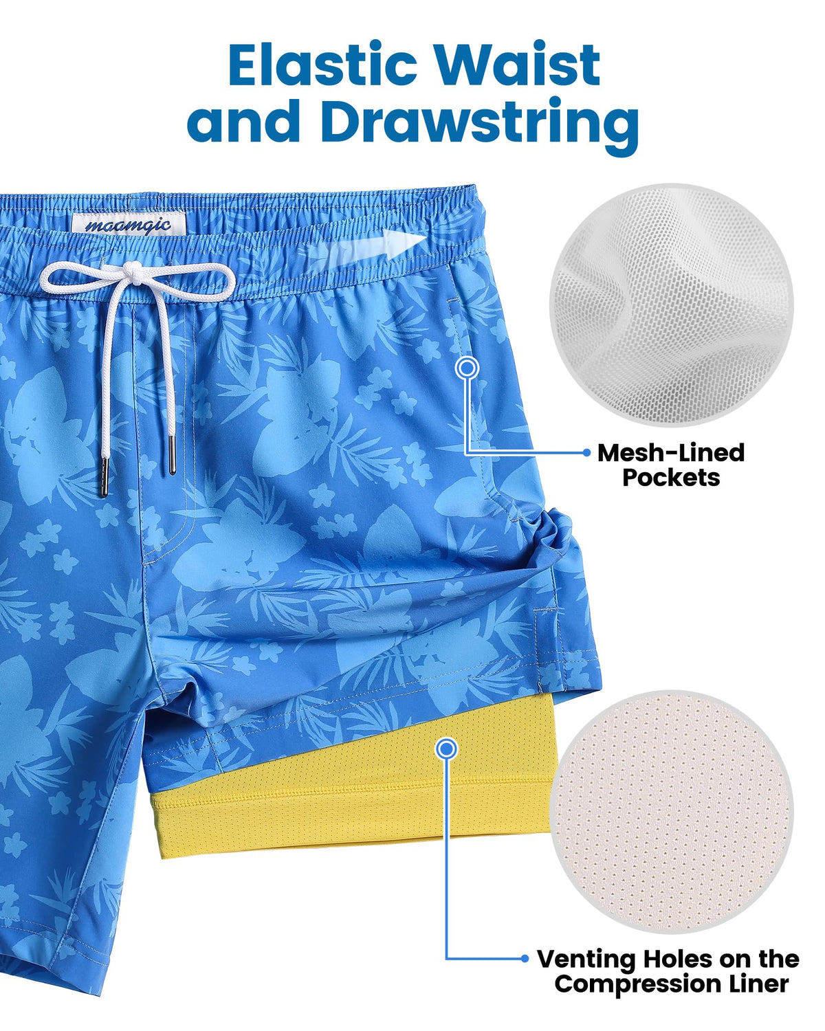 maamgic Mens Swim Trunks with Compression Liner 7 Inch Inseam Mens Bathing Suit Quick Dry Swimming Trunks Swimsuit Flower Blue Yellow XX-Large
