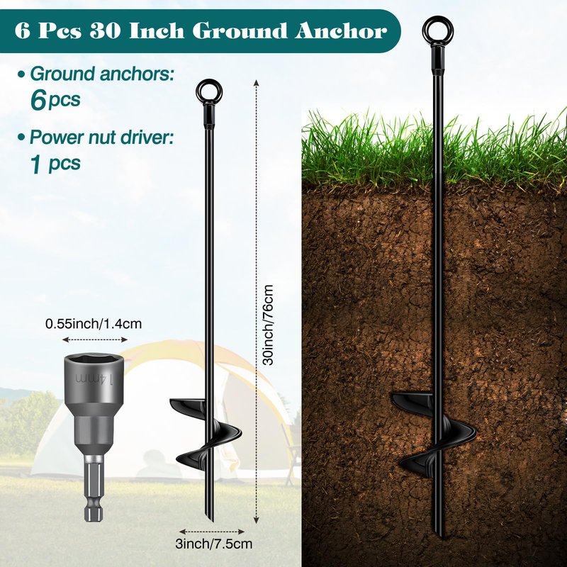 6 Pcs 30 Inch Auger Earth Anchor Shed Anchor Kit Spiral Blade Heavy Duty Shed Anchors Wind Stakes for Trailer, Shelters, Tents, Canopies, Trapping, Swing Sets