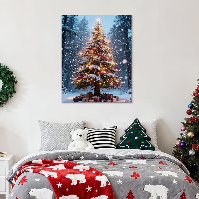 Framed Christmas Pictures Wall Decor,Vintage Pine Tree Prints,Winter Christmas Canvas Wall Art Decoration for Bedroom Bathroom Living Room Rustic Xmas Holiday Gifts (Christmas Tree 16, 12'' X 16'')
