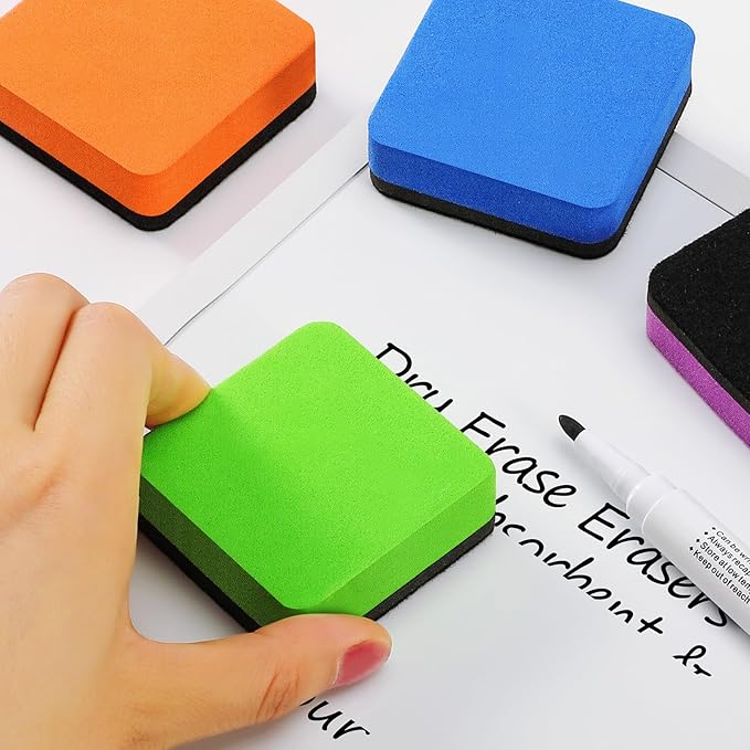 MaxGear Whiteboard Erasers, 24 Pack Magnetic Dry Erase Eraser, Mini Whiteboard Cleaning Pads for Classroom, Chalkboard Wiper Teacher Supplies for School, Office, Home, 6 Rainbow Color Set, 2 x 2 Inch