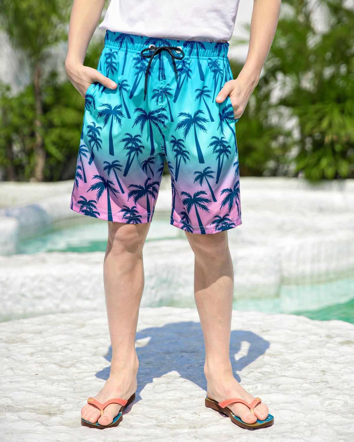 OlyPegic Boys Swim Trunks Size 10-12, Boy Swim Shorts Boy Bathing Suit Swimsuit Kids Swimwear Board Shorts with Boxer Brief Liner Compression Toddler Beach Running Swim Trunks (Coconut Tree)