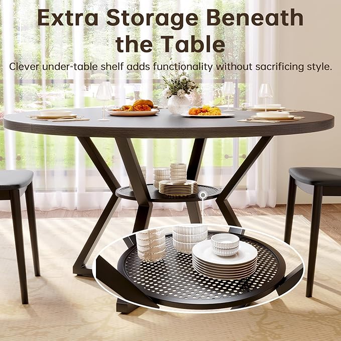 Concho 47" Round Kitchen Dining Room Table for 4-6 Circle Dining Dinner Table with Pedestal Metal Frame,Space Saving Wood Kitchen & Dining Room Furniture, Deep Grey