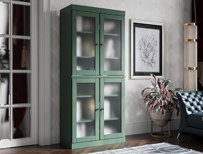 Palace Imports Solid Wood Bookcase w/Frosted Glass Doors & Adjustable Shelves for Living Room - 6-Tier Tall Bookshelf, 71.5" H x 32” W - Green, 100% Renewable Eco-Friendly Wood, Made in Brazil