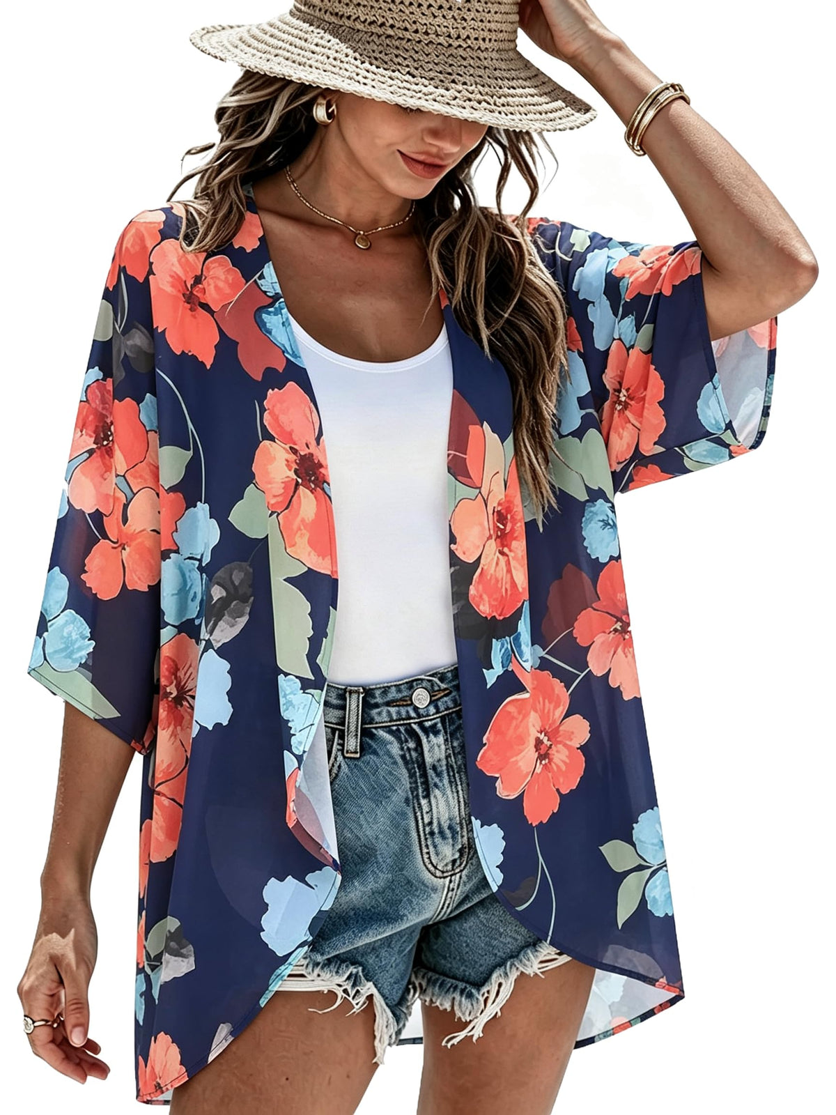 Summer Kimono Cardigan for Women Sheer Light Tops Casual Open Front Swimwear Shirts Beach Cover ups (Oil Blue,M)