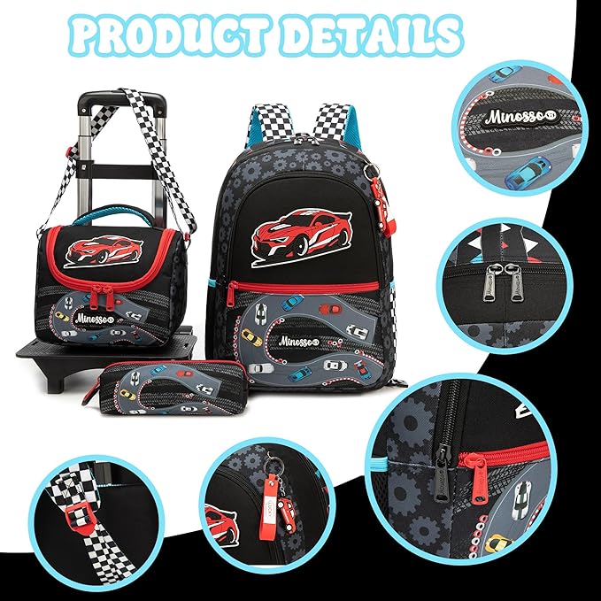 Boys Rolling Backpack for Kids 8-12 Trolley School Bag with Wheels Travel Backpack for Kids with Lunch Bag Set Back to School Supplies