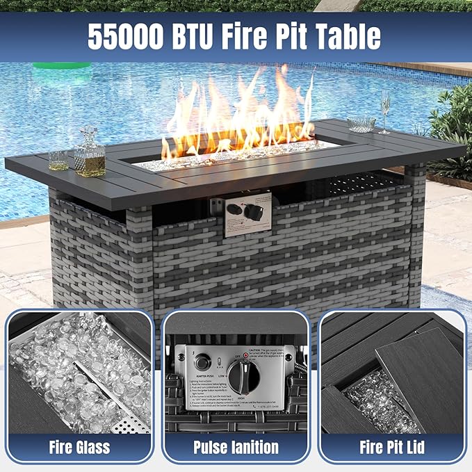 Aoxun 13 Pieces Patio Furniture Set with 44” Fire Pit Table Wicker Rattan Outdoor Sectional Conversation Set with Coffee Table and 4” Thickened Cushions, Gray/Blue(Waterproof Cover Included)