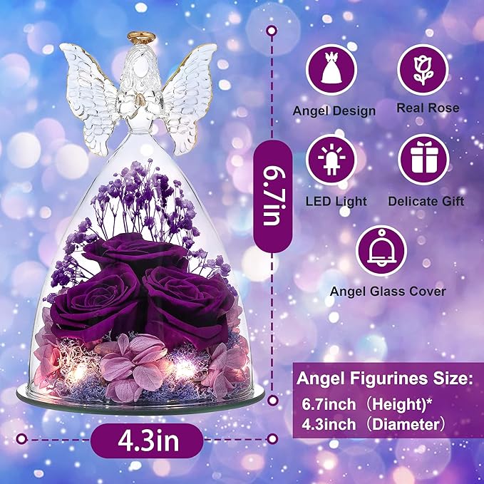 Ocosy Mothers Day Rose Gifts for her, Large Angel Rose Gifts for Women, Forever Real Roses in Angel Figurines, Angel Guardian with Roses Flower, Purple