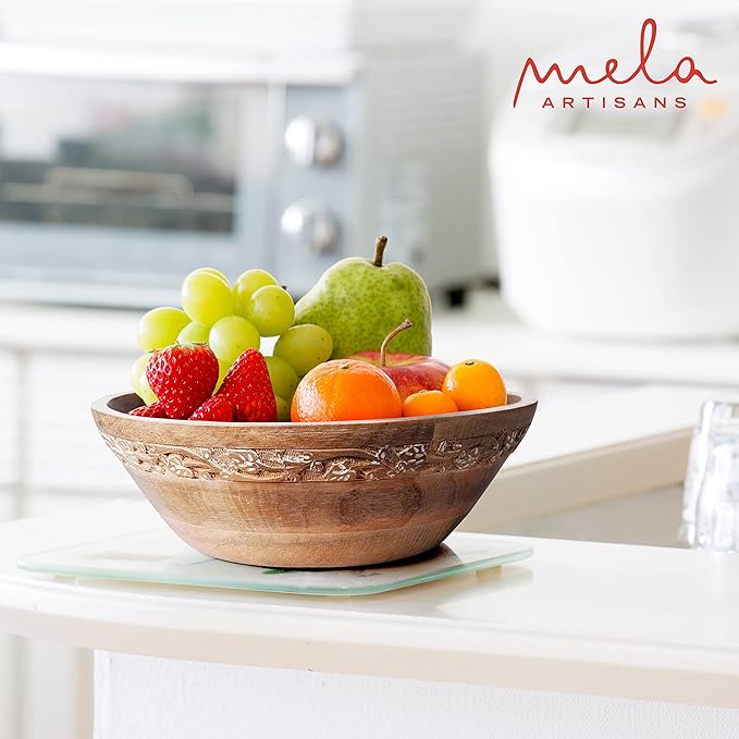 Mela Artisans Wooden Fruit Bowl – Whitewash Finish | Large 12” Mango Wood Serving Bowl with Felt Pads | Decorative bowl | Multipurpose Countertop Bowl for Breads | Salad | Fruit & More