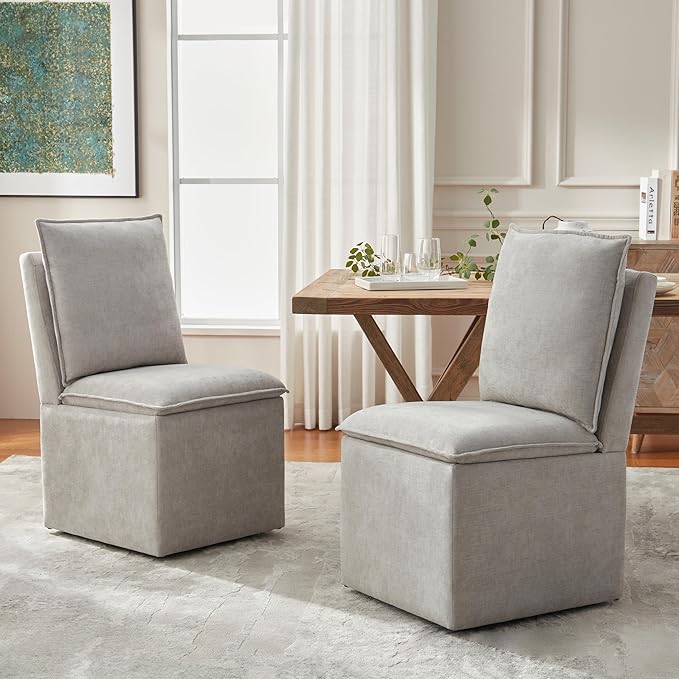VKNOW Upholstered Dining Chairs Set of 4, Modern Rolling Chairs with Storage and Wheels, Linen Armless Chair with Cushion and Backrest, Dining Room Chairs for Living Room Kitchen Bedroom, Light Grey