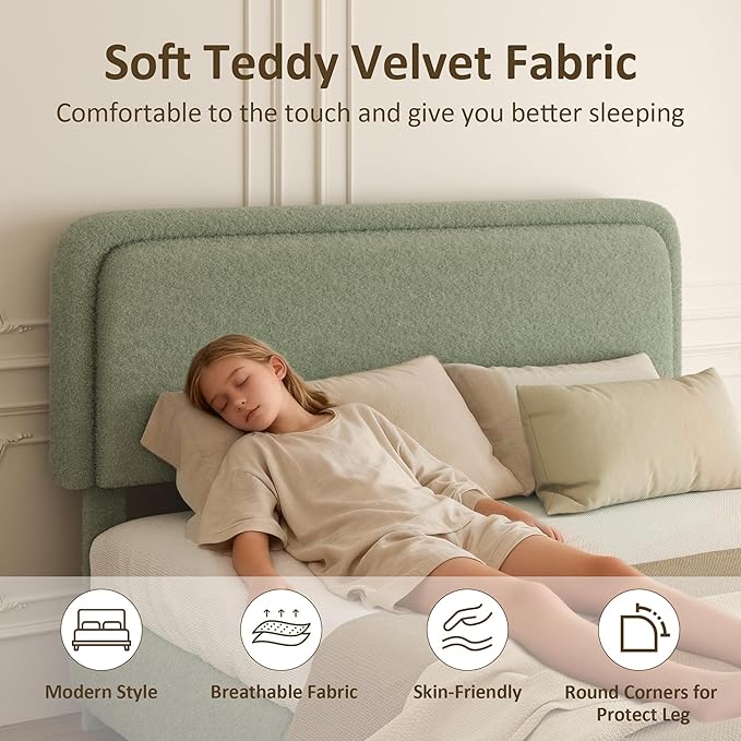 Full Bed Frame, Teddy Velvet Boucle Bed Frame with 43.3"/45.3" Adjustable Upholstered Headboard, Rounded Corners, Mattress Foundation, No Box Spring Required, Green