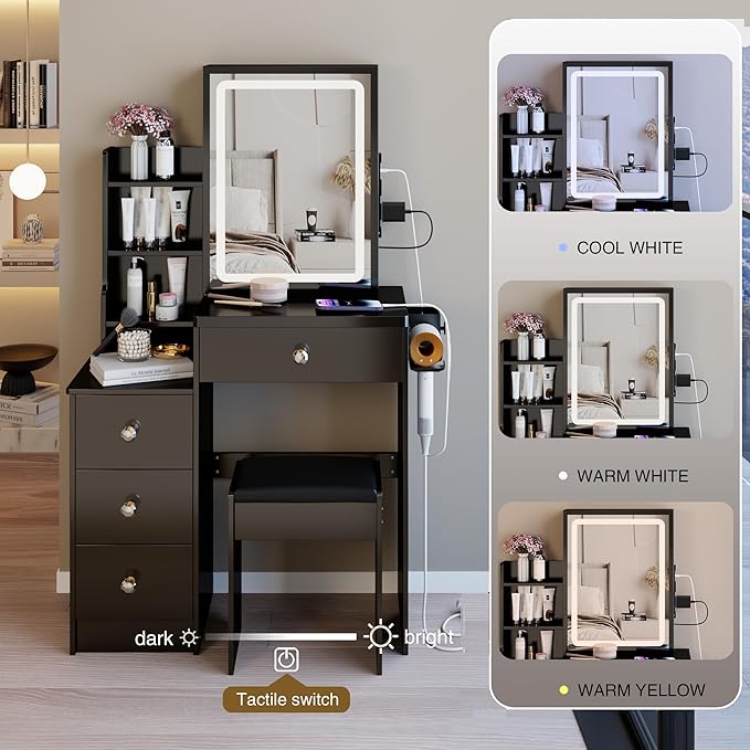 29.2" Small Vanity Desk with Mirror and Lights, Makeup Table with 2 AC+2 USB Power Station, Hair Dryer Bracket, Vanity Set with Drawers and Stool for Small Space Bedroom, Black